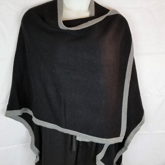 Womens Mixit Black Knit Poncho Wrap Gray Trim - Picture 4 of 8